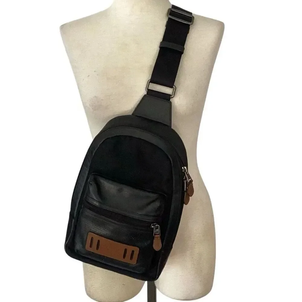 Coach New York Trek Terrain Sling Pack Backpack Black Leather Nylon Mesh